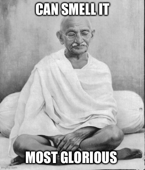 Gandhi meditation | CAN SMELL IT MOST GLORIOUS | image tagged in gandhi meditation | made w/ Imgflip meme maker