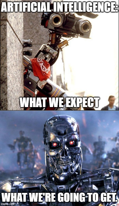 EXTERMINATE! | ARTIFICIAL INTELLIGENCE:; WHAT WE EXPECT; WHAT WE'RE GOING TO GET. | image tagged in terminator robot t-800,johnny 5,artificial intelligence | made w/ Imgflip meme maker