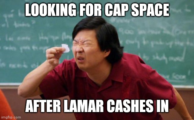 Senior Chang Squinting | LOOKING FOR CAP SPACE; AFTER LAMAR CASHES IN | image tagged in senior chang squinting,ravens | made w/ Imgflip meme maker