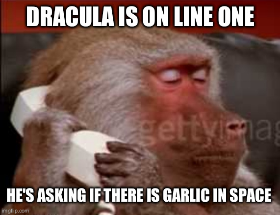 Can I take a message | DRACULA IS ON LINE ONE HE'S ASKING IF THERE IS GARLIC IN SPACE | image tagged in can i take a message | made w/ Imgflip meme maker