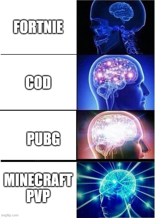 eeee | FORTNIE; COD; PUBG; MINECRAFT PVP | image tagged in memes,expanding brain | made w/ Imgflip meme maker