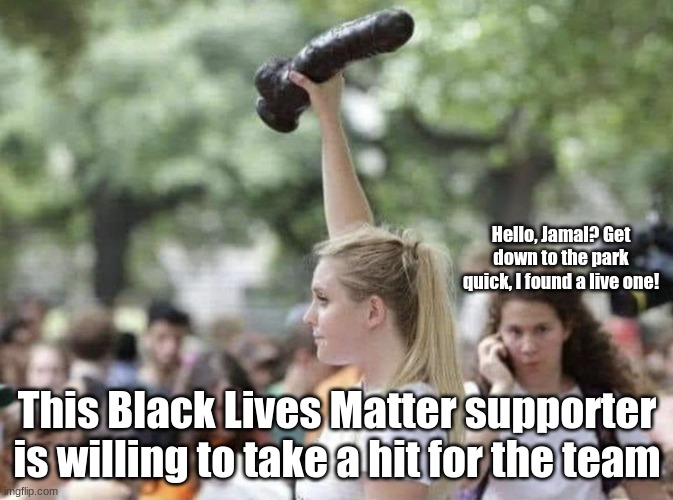 Teamwork; Being Willing to Take a Hit for The Team | Hello, Jamal? Get down to the park quick, I found a live one! This Black Lives Matter supporter is willing to take a hit for the team | image tagged in social justice warrior,blm,black lives matter | made w/ Imgflip meme maker