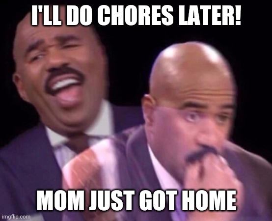 Steve Harvey Laughing Serious | I'LL DO CHORES LATER! MOM JUST GOT HOME | image tagged in steve harvey laughing serious | made w/ Imgflip meme maker