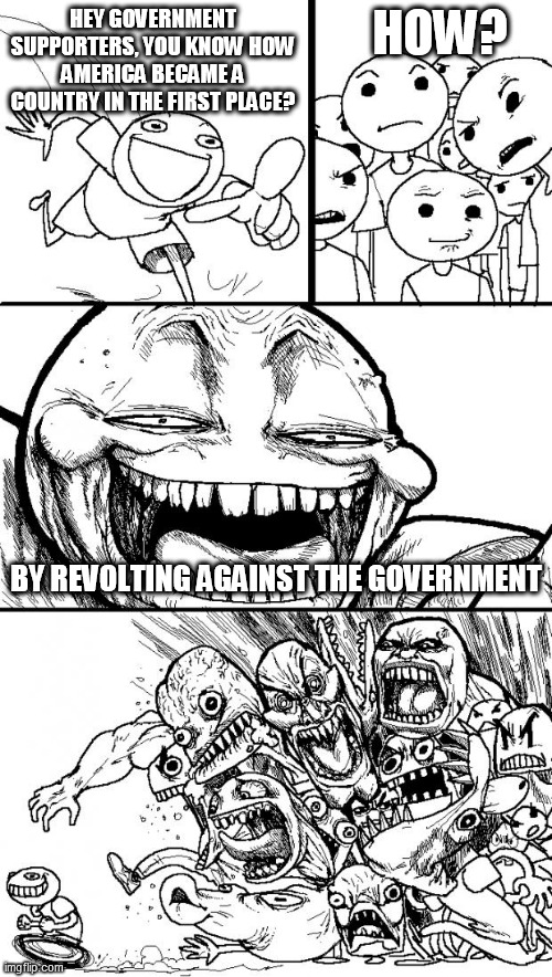 For those of you that think the government is necessary | HEY GOVERNMENT SUPPORTERS, YOU KNOW HOW AMERICA BECAME A COUNTRY IN THE FIRST PLACE? HOW? BY REVOLTING AGAINST THE GOVERNMENT | image tagged in memes,hey internet,government,anti government,politics,anti politics | made w/ Imgflip meme maker
