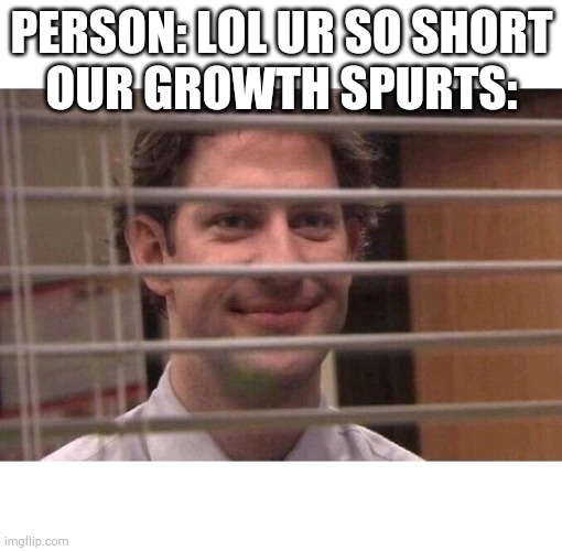 Jim Office Blinds | PERSON: LOL UR SO SHORT
OUR GROWTH SPURTS: | image tagged in jim office blinds | made w/ Imgflip meme maker