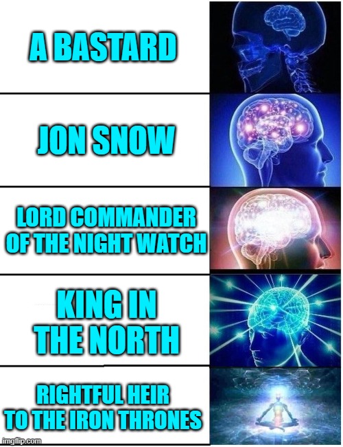 Jon Snow | A BASTARD; JON SNOW; LORD COMMANDER OF THE NIGHT WATCH; KING IN THE NORTH; RIGHTFUL HEIR TO THE IRON THRONES | image tagged in expanding brain 5 panel,game of thrones,jon snow | made w/ Imgflip meme maker