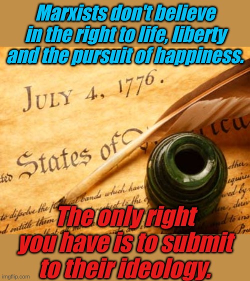 If determined that your life doesn't serve the "greater good," you no longer have a life. There are no individual rights. | Marxists don't believe in the right to life, liberty and the pursuit of happiness. The only right you have is to submit to their ideology. | image tagged in declaration of independence | made w/ Imgflip meme maker