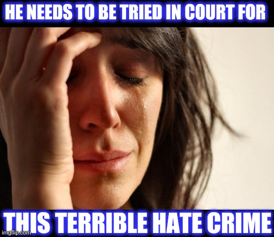 First World Problems Meme | HE NEEDS TO BE TRIED IN COURT FOR THIS TERRIBLE HATE CRIME | image tagged in memes,first world problems | made w/ Imgflip meme maker