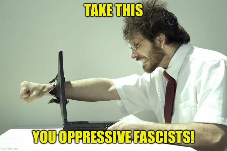 When rioters work from home | TAKE THIS; YOU OPPRESSIVE FASCISTS! | image tagged in angry computer,work from home,rioters | made w/ Imgflip meme maker