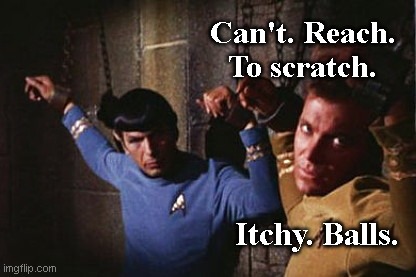 Just hanging out | Can't. Reach. To scratch. Itchy. Balls. | image tagged in spock and kirk just hanging out,star trek,james t kirk,spock,humor | made w/ Imgflip meme maker