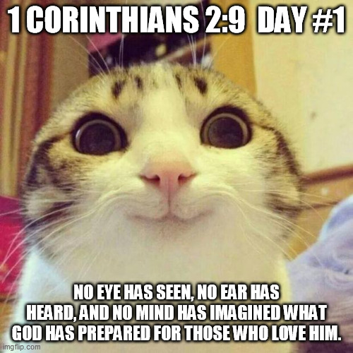 Smiling Cat | 1 CORINTHIANS 2:9  DAY #1; NO EYE HAS SEEN, NO EAR HAS HEARD, AND NO MIND HAS IMAGINED WHAT GOD HAS PREPARED FOR THOSE WHO LOVE HIM. | image tagged in memes,smiling cat | made w/ Imgflip meme maker