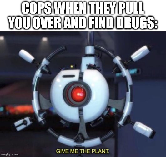 it do be like that | COPS WHEN THEY PULL YOU OVER AND FIND DRUGS: | image tagged in give me the plant,wall-e | made w/ Imgflip meme maker