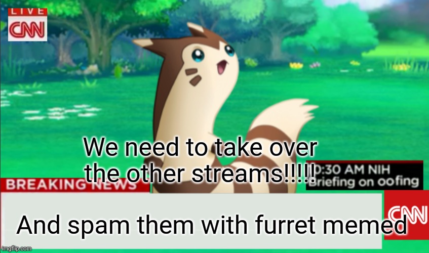 Breaking News Furret | We need to take over the other streams!!!!! And spam them with furret memed | image tagged in breaking news furret | made w/ Imgflip meme maker