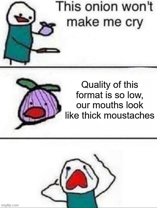 Onion says the truth | Quality of this format is so low, our mouths look like thick moustaches | image tagged in this onion wont make me cry | made w/ Imgflip meme maker