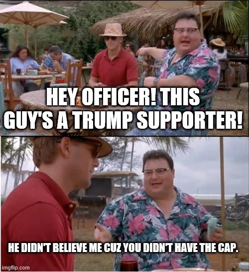 See Nobody Cares | HEY OFFICER! THIS GUY'S A TRUMP SUPPORTER! HE DIDN'T BELIEVE ME CUZ YOU DIDN'T HAVE THE CAP. | image tagged in memes,see nobody cares | made w/ Imgflip meme maker