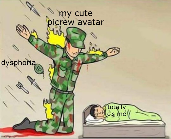 Soldier protecting sleeping child | my cute picrew avatar; dysphoria; totally cis me | image tagged in soldier protecting sleeping child,egg_irl | made w/ Imgflip meme maker