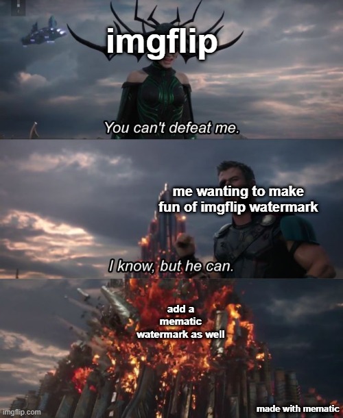 You can't defeat me | imgflip; me wanting to make fun of imgflip watermark; add a mematic watermark as well; made with mematic | image tagged in memes | made w/ Imgflip meme maker
