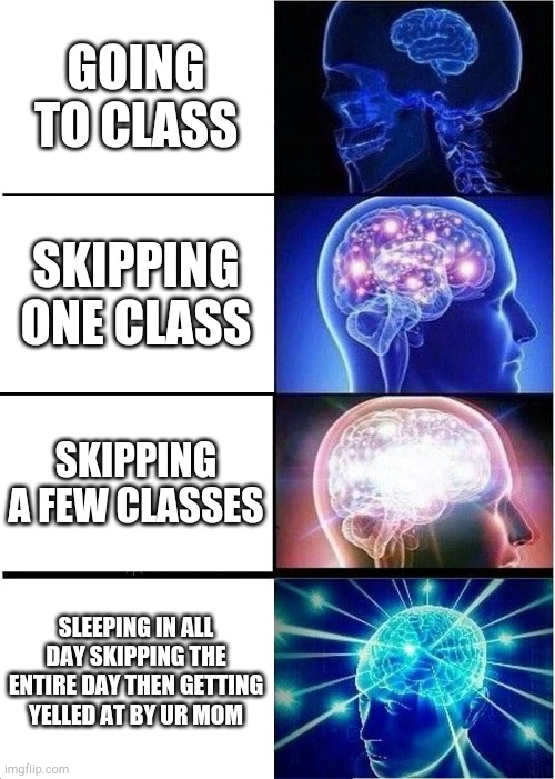 Expanding Brain Meme | GOING TO CLASS; SKIPPING ONE CLASS; SKIPPING A FEW CLASSES; SLEEPING IN ALL DAY SKIPPING THE ENTIRE DAY THEN GETTING YELLED AT BY UR MOM | image tagged in memes,expanding brain | made w/ Imgflip meme maker