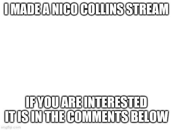 Nico Collins Stream | I MADE A NICO COLLINS STREAM; IF YOU ARE INTERESTED IT IS IN THE COMMENTS BELOW | image tagged in blank white template,singers | made w/ Imgflip meme maker