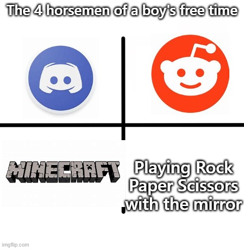 Blank Starter Pack Meme | The 4 horsemen of a boy's free time; Playing Rock Paper Scissors with the mirror | image tagged in memes,blank starter pack | made w/ Imgflip meme maker