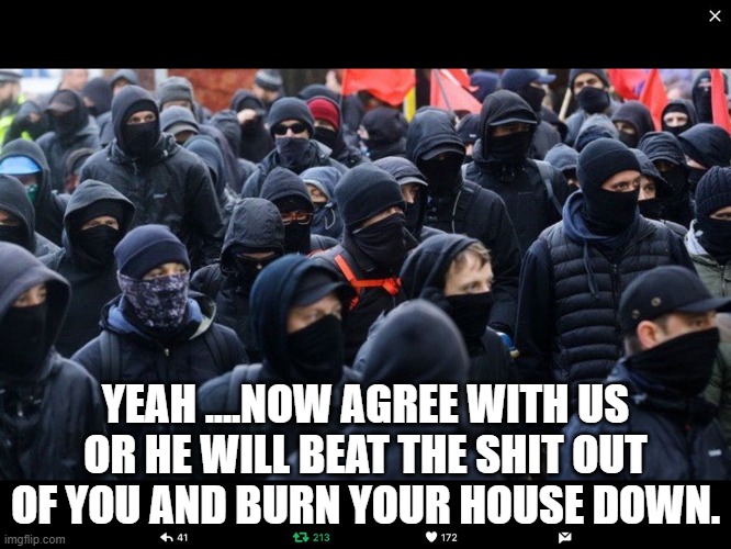 Antifa | YEAH ....NOW AGREE WITH US OR HE WILL BEAT THE SHIT OUT OF YOU AND BURN YOUR HOUSE DOWN. | image tagged in antifa | made w/ Imgflip meme maker