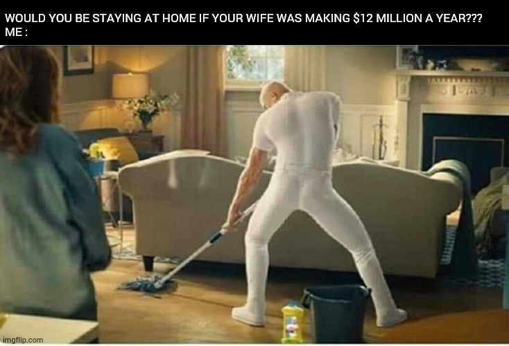 WOULD YOU BE STAYING AT HOME IF YOUR WIFE WAS MAKING $12 MILLION A YEAR???
ME : | image tagged in work life | made w/ Imgflip meme maker