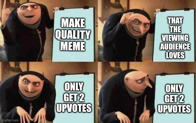 Gru's Plan | THAT THE VIEWING AUDIENCE LOVES; MAKE QUALITY MEME; ONLY GET 2 UPVOTES; ONLY GET 2 UPVOTES | image tagged in gru's plan,meanwhile on imgflip,imgflip,upvotes | made w/ Imgflip meme maker