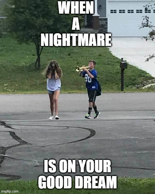 lol | WHEN A NIGHTMARE; IS ON YOUR GOOD DREAM | image tagged in trumpet boy | made w/ Imgflip meme maker