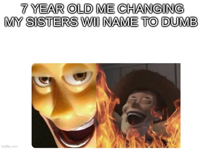 Satanic Woody | 7 YEAR OLD ME CHANGING MY SISTERS WII NAME TO DUMB | image tagged in satanic woody | made w/ Imgflip meme maker