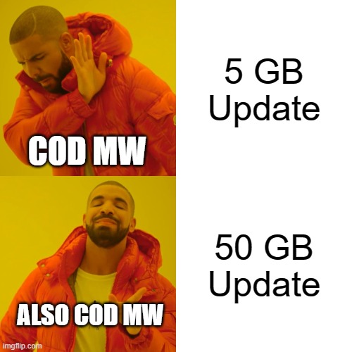COD MW | 5 GB Update; COD MW; 50 GB Update; ALSO COD MW | image tagged in memes,drake hotline bling | made w/ Imgflip meme maker