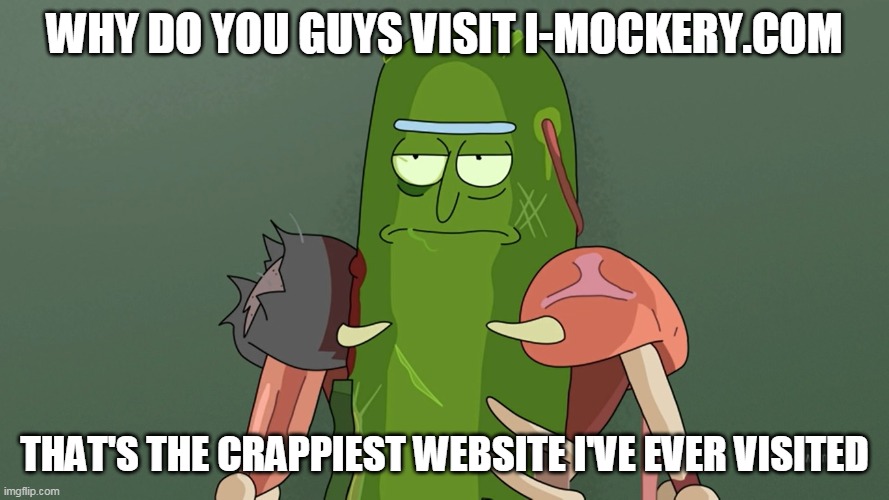 pickle rick | WHY DO YOU GUYS VISIT I-MOCKERY.COM; THAT'S THE CRAPPIEST WEBSITE I'VE EVER VISITED | image tagged in pickle rick | made w/ Imgflip meme maker