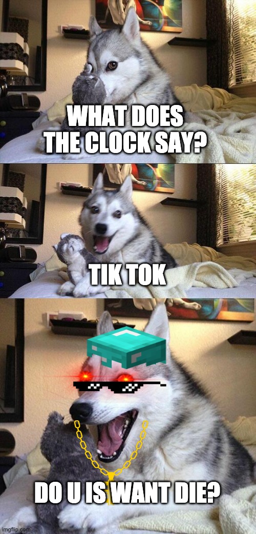 vsco dog | WHAT DOES THE CLOCK SAY? TIK TOK; DO U IS WANT DIE? | image tagged in memes,bad pun dog | made w/ Imgflip meme maker