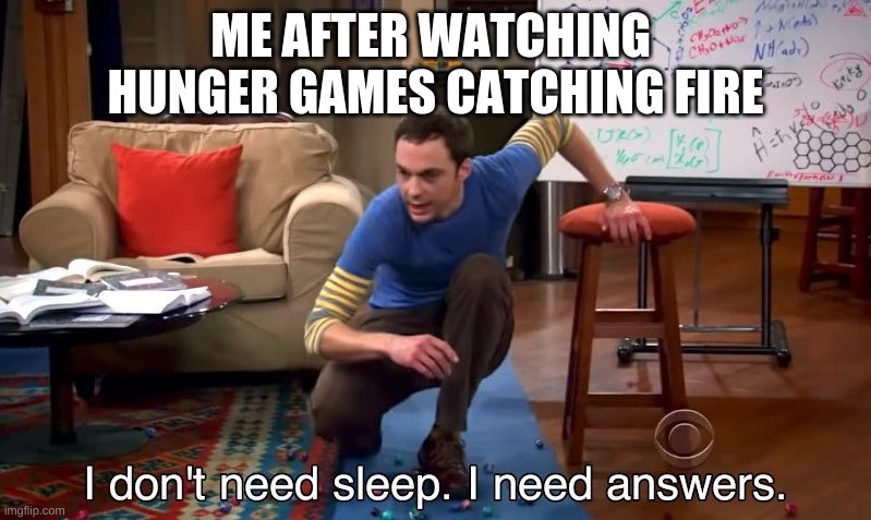 I don't need sleep I need answers | ME AFTER WATCHING  HUNGER GAMES CATCHING FIRE | image tagged in i don't need sleep i need answers | made w/ Imgflip meme maker