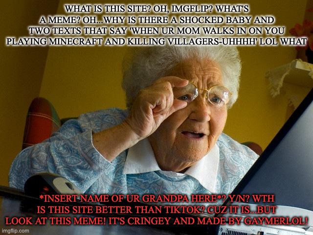 Grandma Finds Imgflip | WHAT IS THIS SITE? OH, IMGFLIP? WHAT'S A MEME? OH...WHY IS THERE A SHOCKED BABY AND TWO TEXTS THAT SAY 'WHEN UR MOM WALKS IN ON YOU PLAYING MINECRAFT AND KILLING VILLAGERS-UHHHH' LOL WHAT; *INSERT NAME OF UR GRANDPA HERE*? Y/N? WTH IS THIS SITE BETTER THAN TIKTOK? CUZ IT IS...BUT LOOK AT THIS MEME! IT'S CRINGEY AND MADE BY GAYMERLOL! | image tagged in memes,grandma finds the internet,imgflip community | made w/ Imgflip meme maker