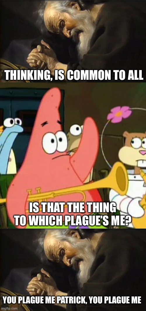 He’s getting there | THINKING, IS COMMON TO ALL; IS THAT THE THING TO WHICH PLAGUE’S ME? YOU PLAGUE ME PATRICK, YOU PLAGUE ME | image tagged in memes,no patrick | made w/ Imgflip meme maker