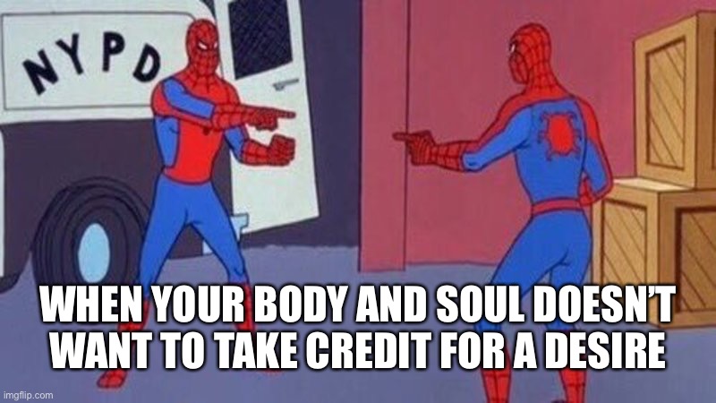 Soul be like, what do you even mean I was craving sugar? | WHEN YOUR BODY AND SOUL DOESN’T WANT TO TAKE CREDIT FOR A DESIRE | image tagged in spiderman pointing at spiderman | made w/ Imgflip meme maker