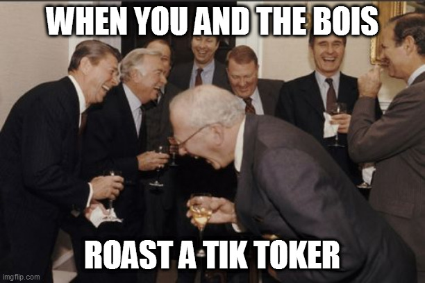 Laughing Men In Suits Meme | WHEN YOU AND THE BOIS; ROAST A TIK TOKER | image tagged in memes,laughing men in suits | made w/ Imgflip meme maker