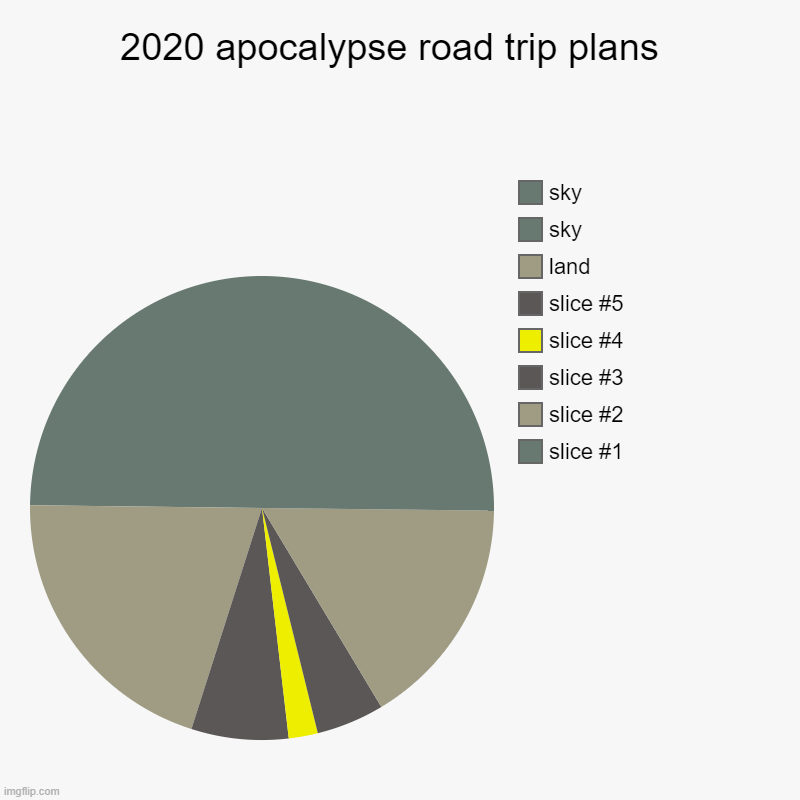 2020 | 2020 apocalypse road trip plans  |, land, sky, sky | image tagged in charts,pie charts | made w/ Imgflip chart maker