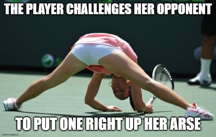 Tennis Anyone | THE PLAYER CHALLENGES HER OPPONENT; TO PUT ONE RIGHT UP HER ARSE | image tagged in tennis,extreme sports,memes,fun,funny,2020 | made w/ Imgflip meme maker