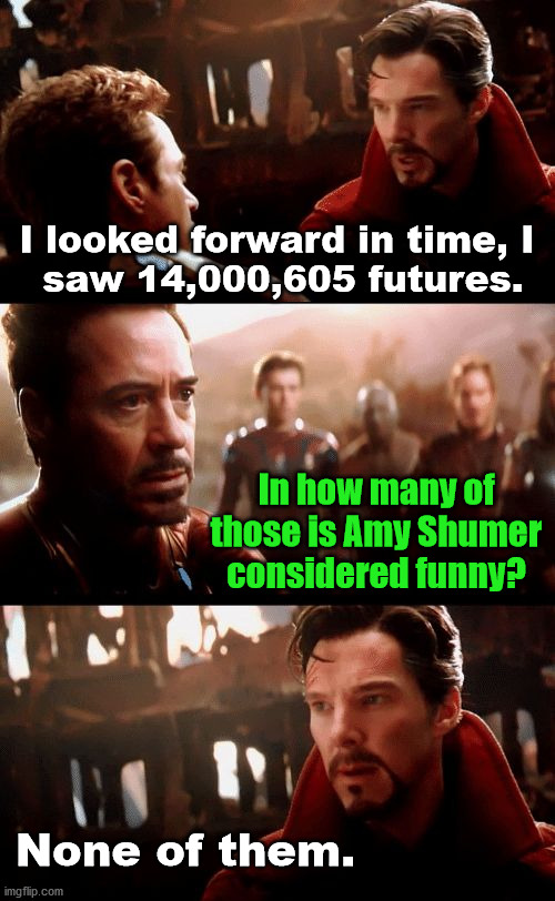 Amy is not funny and never has been. | I looked forward in time, I 
saw 14,000,605 futures. In how many of those is Amy Shumer considered funny? None of them. | image tagged in infinity war - 14mil futures,amy schumer,not funny,sucks | made w/ Imgflip meme maker