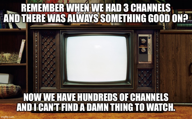 Remember when? |  REMEMBER WHEN WE HAD 3 CHANNELS AND THERE WAS ALWAYS SOMETHING GOOD ON? NOW WE HAVE HUNDREDS OF CHANNELS AND I CAN’T FIND A DAMN THING TO WATCH. | image tagged in old tv,watching tv,nothing to see here,the good old days | made w/ Imgflip meme maker