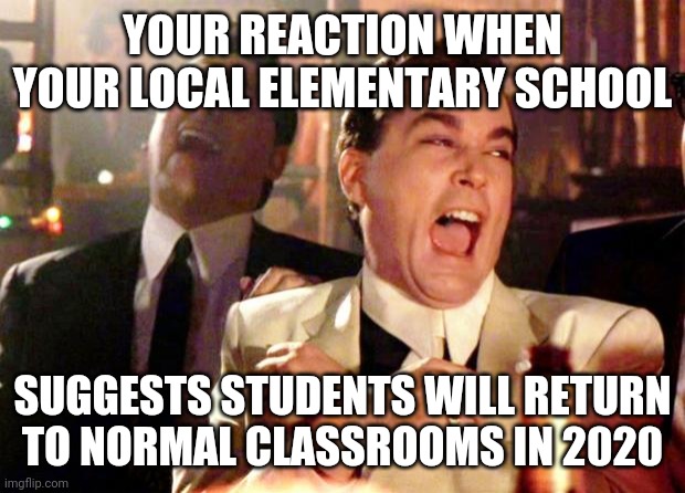 Schools still think students will be in class after summer break ehh? Not unless its online! | YOUR REACTION WHEN YOUR LOCAL ELEMENTARY SCHOOL; SUGGESTS STUDENTS WILL RETURN TO NORMAL CLASSROOMS IN 2020 | image tagged in goodfellas laugh,school,covid-19 | made w/ Imgflip meme maker