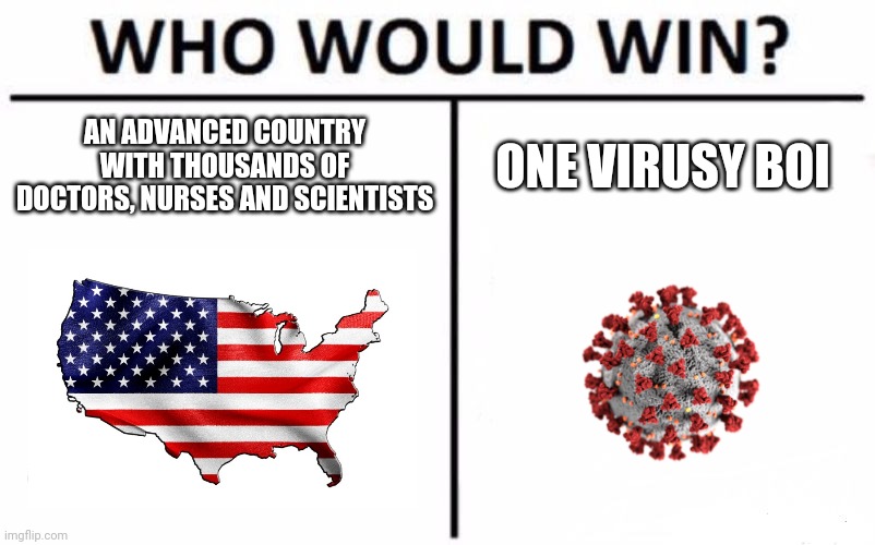 Who Would Win? | AN ADVANCED COUNTRY WITH THOUSANDS OF DOCTORS, NURSES AND SCIENTISTS; ONE VIRUSY BOI | image tagged in memes,who would win | made w/ Imgflip meme maker