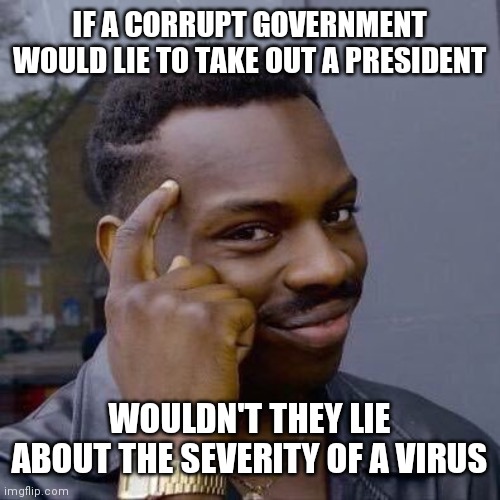 Thinking Black Guy | IF A CORRUPT GOVERNMENT WOULD LIE TO TAKE OUT A PRESIDENT; WOULDN'T THEY LIE ABOUT THE SEVERITY OF A VIRUS | image tagged in thinking black guy | made w/ Imgflip meme maker