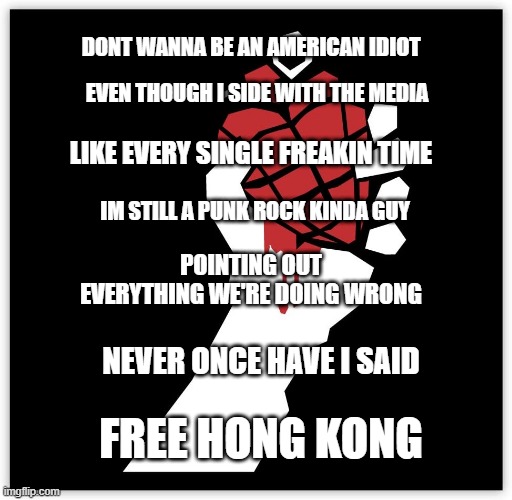 Truth Hurts | DONT WANNA BE AN AMERICAN IDIOT; EVEN THOUGH I SIDE WITH THE MEDIA; LIKE EVERY SINGLE FREAKIN TIME; IM STILL A PUNK ROCK KINDA GUY; POINTING OUT EVERYTHING WE'RE DOING WRONG; NEVER ONCE HAVE I SAID; FREE HONG KONG | image tagged in green day,hong kong | made w/ Imgflip meme maker