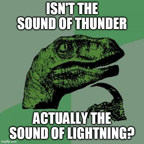 Philosoraptor | ISN'T THE SOUND OF THUNDER; ACTUALLY THE SOUND OF LIGHTNING? | image tagged in memes,philosoraptor,lightning,thunder,meteorology,weather | made w/ Imgflip meme maker