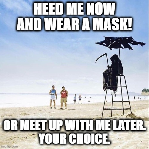 Florida Grim Reaper | HEED ME NOW AND WEAR A MASK! OR MEET UP WITH ME LATER.
YOUR CHOICE. | image tagged in covid19,masks,protect,grim reaper | made w/ Imgflip meme maker