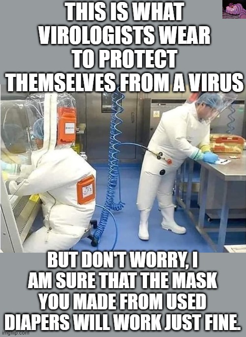 Maybe you have been lied to? | THIS IS WHAT VIROLOGISTS WEAR TO PROTECT THEMSELVES FROM A VIRUS; BUT DON'T WORRY, I AM SURE THAT THE MASK YOU MADE FROM USED DIAPERS WILL WORK JUST FINE. | image tagged in virologists | made w/ Imgflip meme maker
