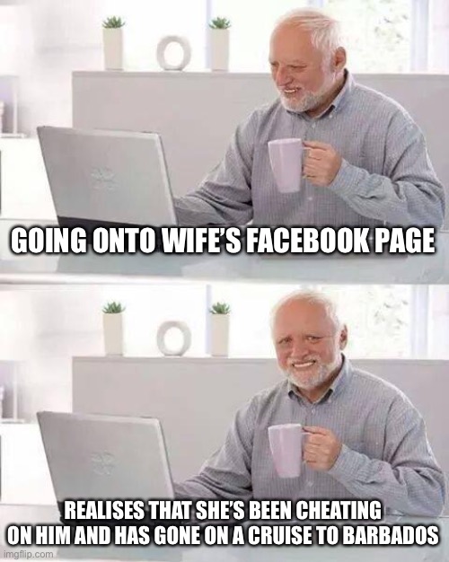 When ur wife mugs u off | GOING ONTO WIFE’S FACEBOOK PAGE; REALISES THAT SHE’S BEEN CHEATING ON HIM AND HAS GONE ON A CRUISE TO BARBADOS | image tagged in memes,hide the pain harold | made w/ Imgflip meme maker