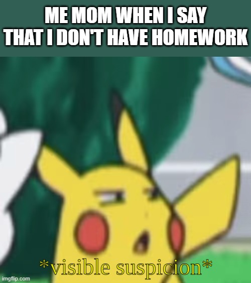Visible Suspicion | ME MOM WHEN I SAY THAT I DON'T HAVE HOMEWORK | image tagged in visible suspicion,i'm 15 so don't try it,who reads these | made w/ Imgflip meme maker